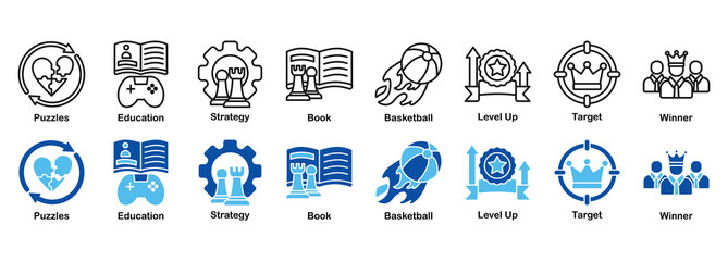 Puzzles, Education & Strategic Success Icon Set - Outline and Duotone 