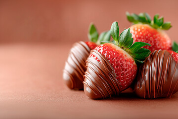Juicy strawberries are elegantly dipped in rich dark chocolate, with delicate chocolate drizzles accentuating their gourmet appeal against a warm brown background.