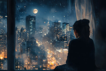 a woman sitting on a window sill looking out at a city