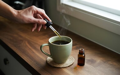 A person s hand carefully adds a drop of liquid from a dropper bottle into a mug of dark coffee on a wooden surface near a window