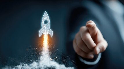 Businessperson taps rocket icon, symbolizing startup launch, digital innovation, and forward-thinking business growth in tech-driven landscape