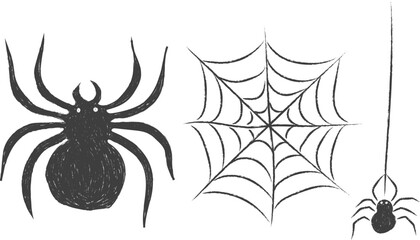 Hand drawn Halloween elements, crayon pencil Halloween design set isolated on white background. spider and spider nest for poster, card, invitation. autumn, October_ November, 