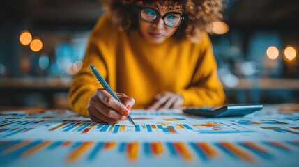Businesswoman reviewing and calculating financial statements, showcasing accounting analysis, expense tracking, and profitability insights in finance office