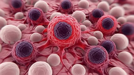 A 3D medical illustration of cancerous cells red and irregular being surrounded by smooth white immune cells - Powered by Adobe