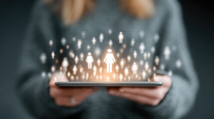 Businesswoman using tablet with glowing modern social interface, symbolizing business communication, virtual presence, and mobile networking in digital workspace
