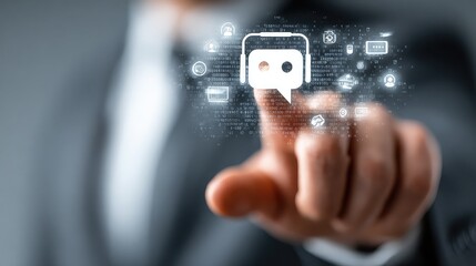 Chatbot assistant on interface offering smart customer support, automated replies, business communication, AI-powered service experience, and futuristic contact system