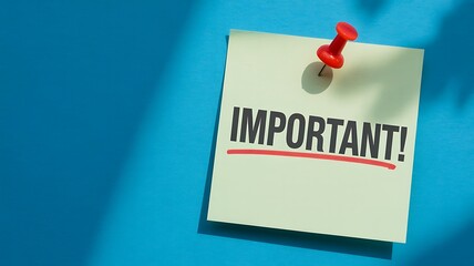 A bright red thumbtack firmly secures a white note with the bold word important written in black capital letters and underlined with a red line on a vibrant blue background with subtle shadows