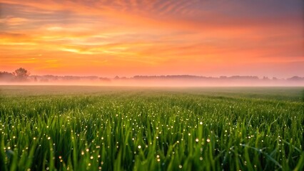 Vibrant orange and pink sunrise illuminates a misty green field with dew drops on grass blades
