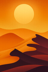 Vibrant desert landscape with rolling sand dunes under a large setting sun