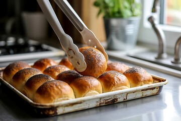 Close up of golden brown baked dinner rolls being removed from a baking pan with metal tongs in a bright kitchen setting