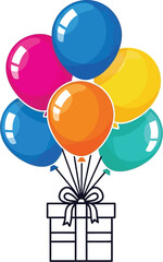 A cheerful bunch of colorful balloons tied to a gift box creates a festive and celebratory atmosphere, perfect for birthdays, parties, and special occasions.