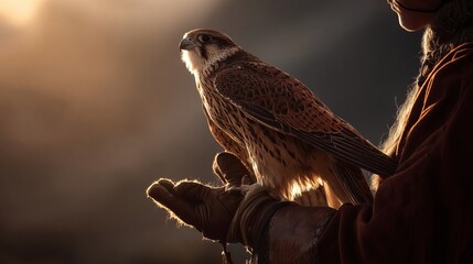 A female falconer in traditional attire holds her majestic falcon against a dramatic sunset.