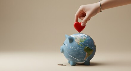Charity Concept with Heart Coin and Globe Piggy Bank