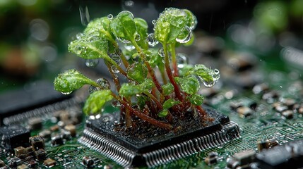Circuit board sprouts tiny green plants, visualizing tech-nature coexistence, digital agriculture, and eco-systemic design