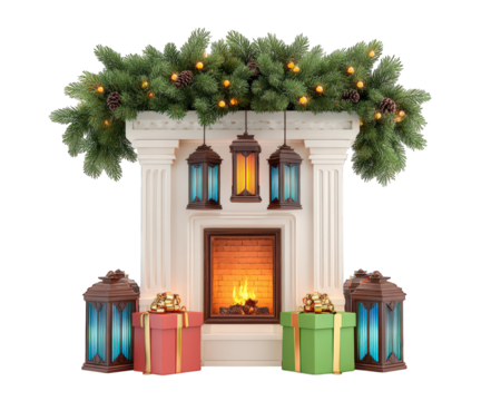 Fireplace lantern gift pine ornament holiday festive winter glowing cozy wrapped present warm celebration seasonal cheerful home interior decoration Christmas traditional illuminated ribbon bow