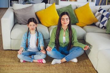 Mother and daughter meditating together on the floor of their living room, enjoying a relaxing and...