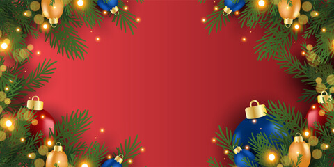 Christmas banner and poster with fir branches confetti and sparkles of gold lights blur bokeh on red, green, blue background. Bright merry Christmas and New Year cards, flayer set design holiday frame
