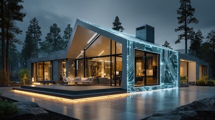 Circuit-shaped glowing house visualizes smart home systems, connected living, and digital automation in modern residential technology