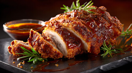 A section of crispy, sliced pork belly drizzled with sauce and garnished with fresh rosemary sprigs on a dark stone slab, with a bowl of dipping sauce in the background.
