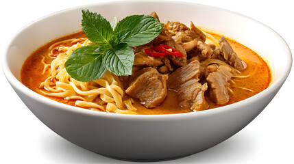 A vibrant bowl of Northern Thai curry noodles, known as Khao Soi, with tender meat, a rich red broth, and fresh mint garnish.