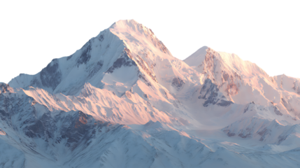 Towering mountain peak bathed in warm sunlight with snowcovered slopes isolated on transparent background