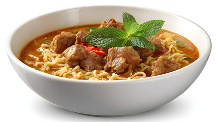 A bowl of Northern Thai curry noodles (Khao Soi), featuring chunks of meat, an orange-red broth, and fresh mint leaves as a garnish.