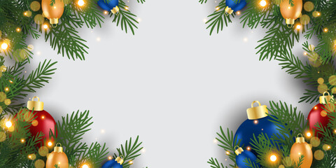 Christmas banner and poster with fir branches confetti and sparkles of gold lights blur bokeh on red, green, blue background. Bright merry Christmas and New Year cards, flayer set design holiday frame