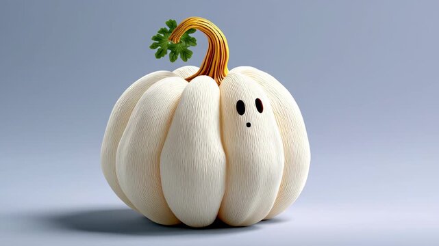 Whimsical cartoon-style pumpkin illustration with a smiling face, featuring a textured surface and vibrant green leaves, set against a soft gradient background, perfect for seasonal decorations and pl