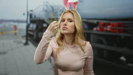 Young blonde woman with bunny ears making funny gestures at a construction site, emphasizing humor and lightheartedness in an industrial setting.
