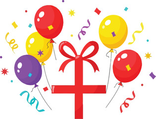 Celebrate with a delightful gift box adorned with a red ribbon, surrounded by vibrant balloons and colorful confetti, perfect for birthdays or special occasions.