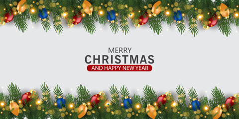 Christmas banner and poster with fir branches confetti and sparkles of gold lights blur bokeh on red, green, blue background. Bright merry Christmas and New Year cards, flayer set design holiday frame