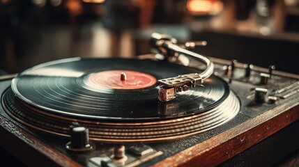 Close-up of vinyl record on turntable with needle playing music, symbolizing retro entertainment, analog sound quality, and nostalgic musical experience in creative background