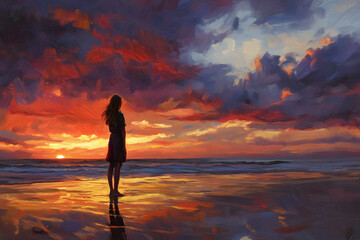 a painting of a woman standing on a beach