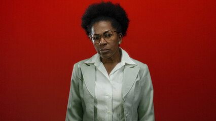 Obraz premium Woman with glasses against a vibrant red background, wearing a white blouse and suit, staring thoughtfully conveying a sense of contemplation and confidence.