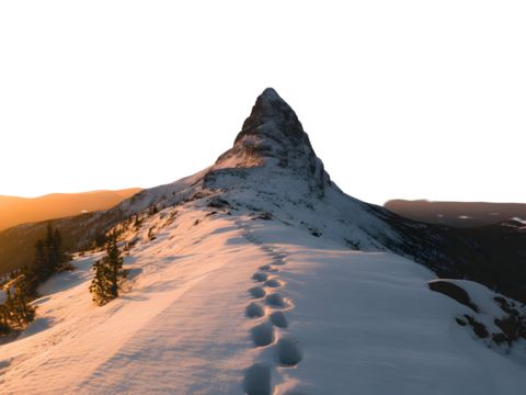 Snow Covered Mountain Peak Ridge Trail Footprints Sunset Winter Landscape isolated on a transparent background