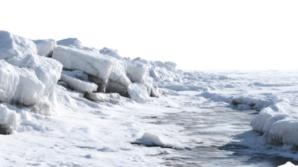 Frozen shoreline with ice chunks and snow on a cold winter day isolated on transparent background