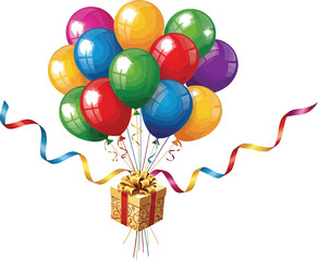 A vibrant cluster of colorful balloons tied to a beautifully wrapped gift box creates a festive and celebratory atmosphere, perfect for birthdays and special occasions.