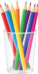 Fototapeta premium Stock vector image of colored pencils in glass cup for art and drawing use