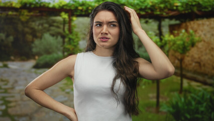 Young hispanic woman wearing sleeveless top touches her temple and frowns in a green park with vine...
