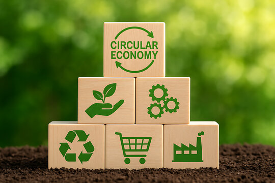 Circular economy concept built from blocks with icons for sustainability plant recycling production industry and retail process emphasizing green closed loop resource system