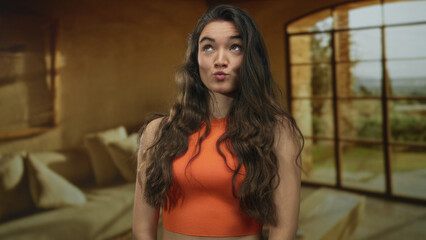 Woman wearing orange crop top with long wavy hair standing and pursing lips while laughing in...