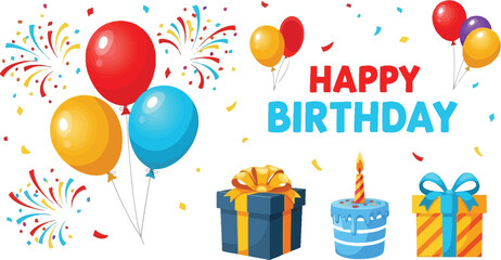 Celebrate with festive balloons, gifts, and cake, a vibrant cartoon illustration conveying birthday cheer and joyful celebration, perfect for party invitations and greetings.