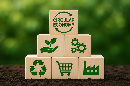 Sustainable circular economy model displayed with wood blocks featuring recycling plant gear shopping cart and factory highlighting closed loop business and green processes