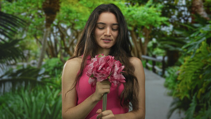 Young hispanic woman holding pink bouquet in forest walkway under bright sunlight with long dark...