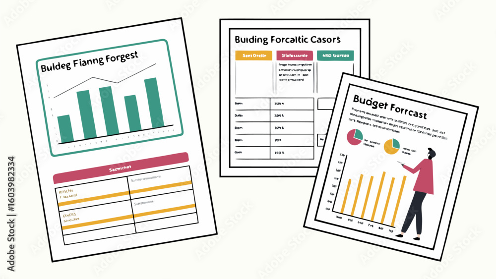 Poster budget planning and forecasting documents with graphs and tables displayed for financial analysis in