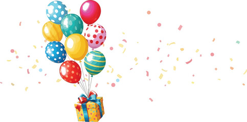 Colorful balloons and a wrapped gift create a festive atmosphere, perfect for birthdays, celebrations, or any special occasion with confetti adding to the joyful mood.