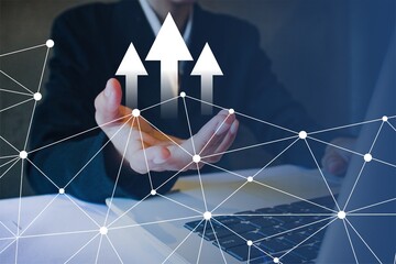 Raise connection business vector showing upward arrows and digital network over laptop. Ideal for...