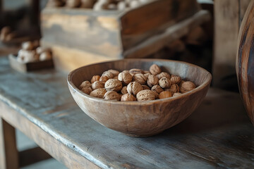 a wooden bowl filled with nuts on a table