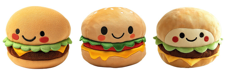 Adorable Smiling Plush Hamburger Toys with Cute Faces, Soft Buns, Lettuce, Cheese, and Cartoon Eyes on Transparent Background