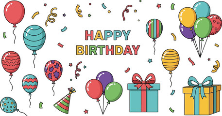 Celebrate with colorful balloons, confetti, and gifts in this festive Happy Birthday illustration, perfect for party invitations and greeting cards, conveying joy and celebration.